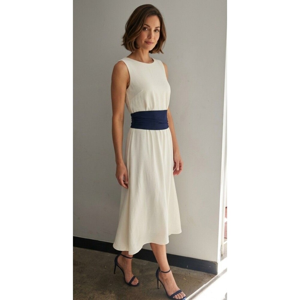 DKNY Womens Sleeveless Midi Dress White,Navy Blue tailored waist silhouetteSz 6